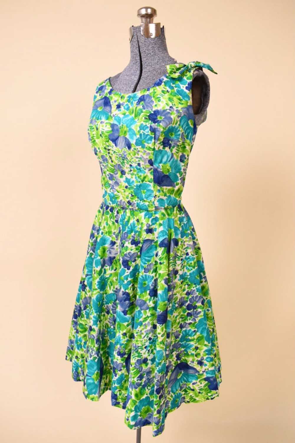 Green Floral Day Dress w/ Bow By Jay Herbert, S - image 2