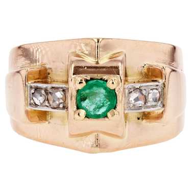 French 1940s Emerald Diamond 18 Karat Rose Gold T… - image 1