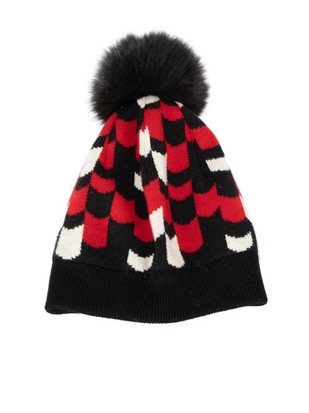 Hats × Prada Black & Red Patterned Fur Pom Pom Be… - image 1