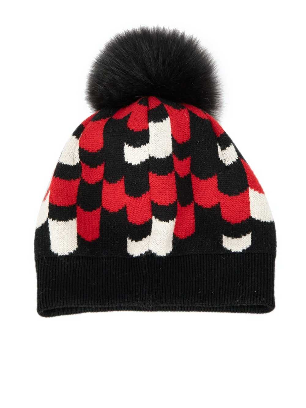 Hats × Prada Black & Red Patterned Fur Pom Pom Be… - image 2
