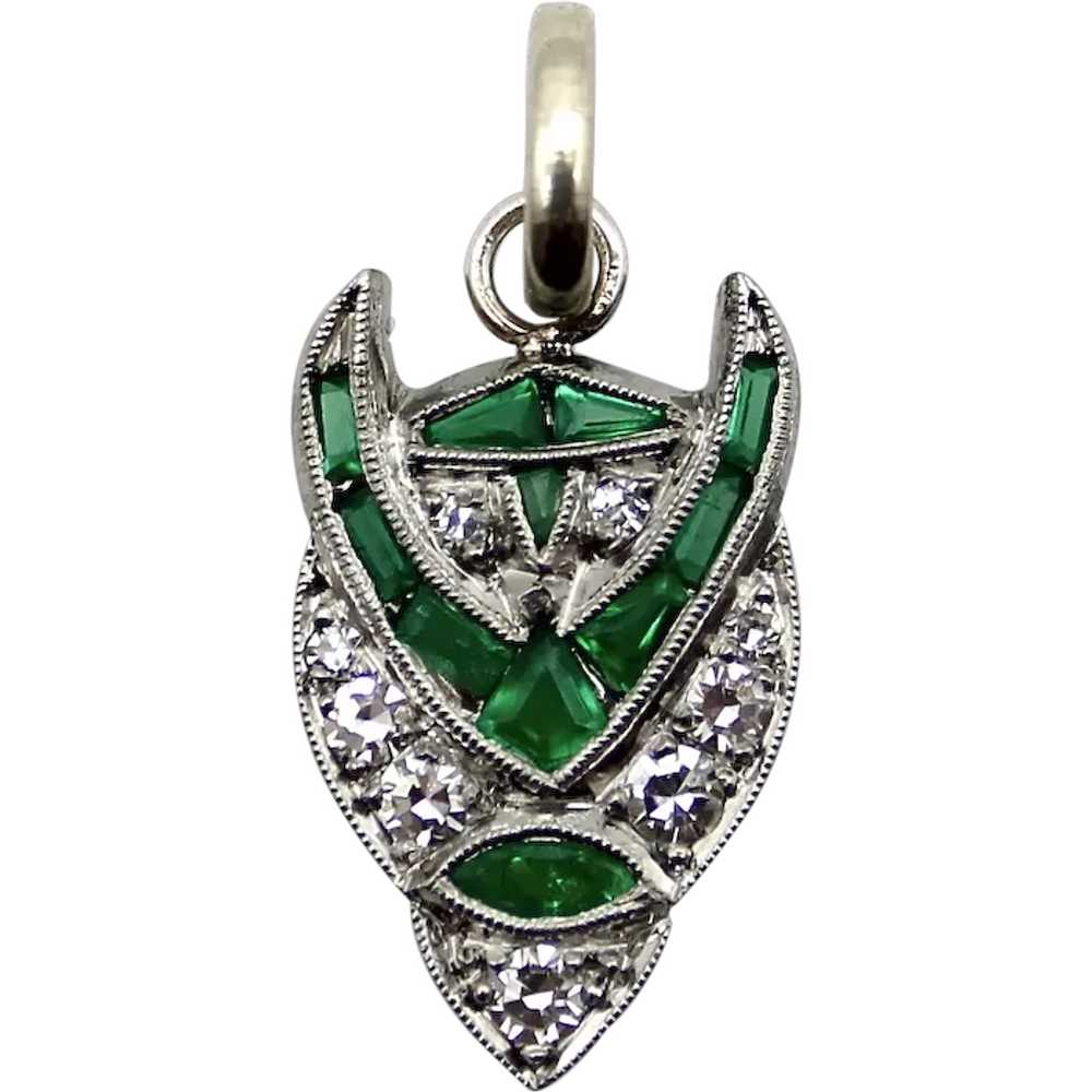 Art Deco Platinum Diamond and Emerald Devil Penda… - image 1