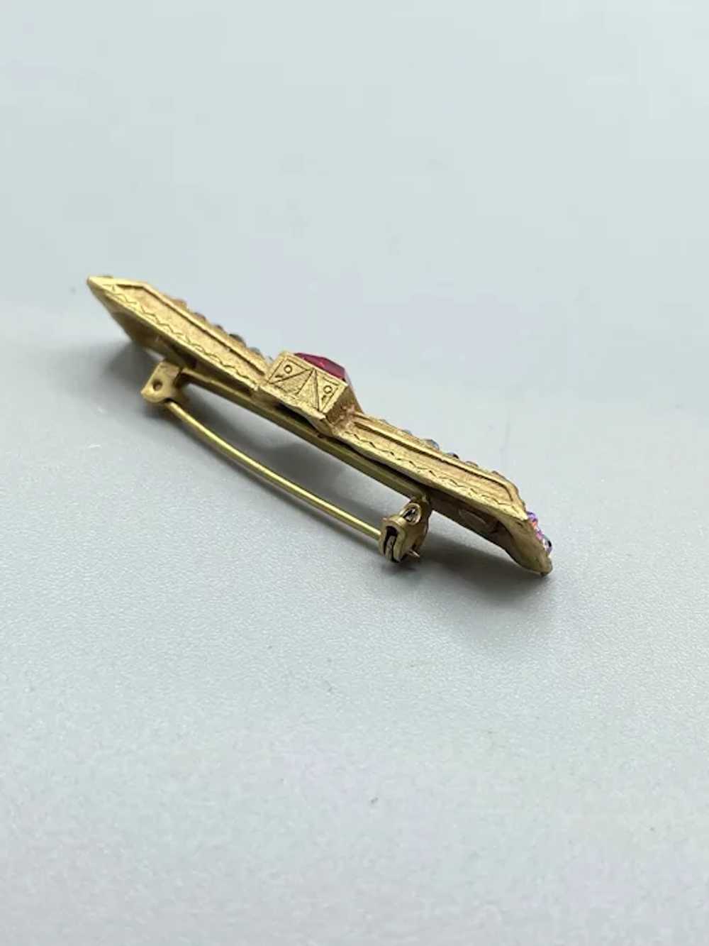Textured Gold Tone Pin Brooch Red Stone & AB Rhin… - image 2