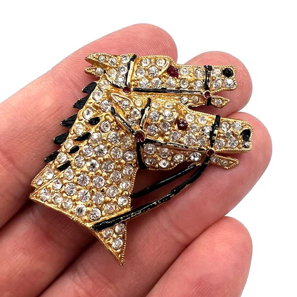 HANDSOME Crystal Race Horse Heads Brooch - image 2