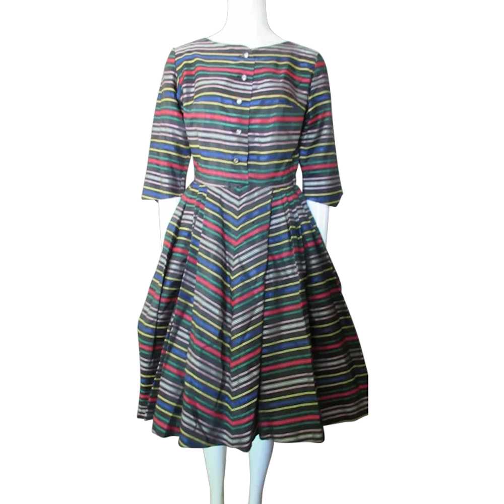 SALE 1950 Era Striped Taffeta Cocktail Dress Spec… - image 1