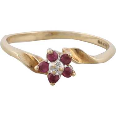 10k Yellow Gold Natural Ruby and Diamond Flower R… - image 1