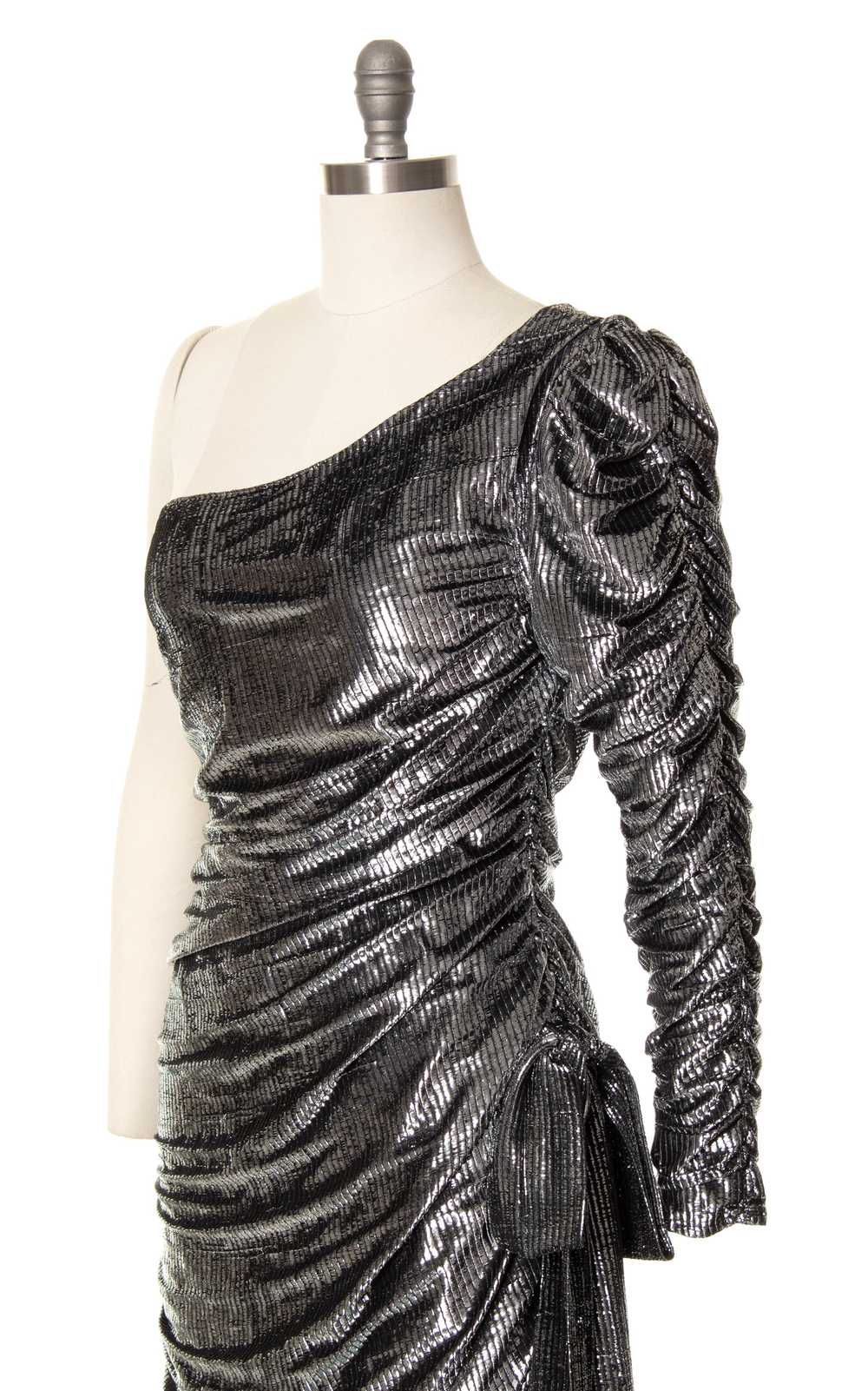 1970s 1980s NEW LEAF Metallic Ruched Gown | small… - image 2