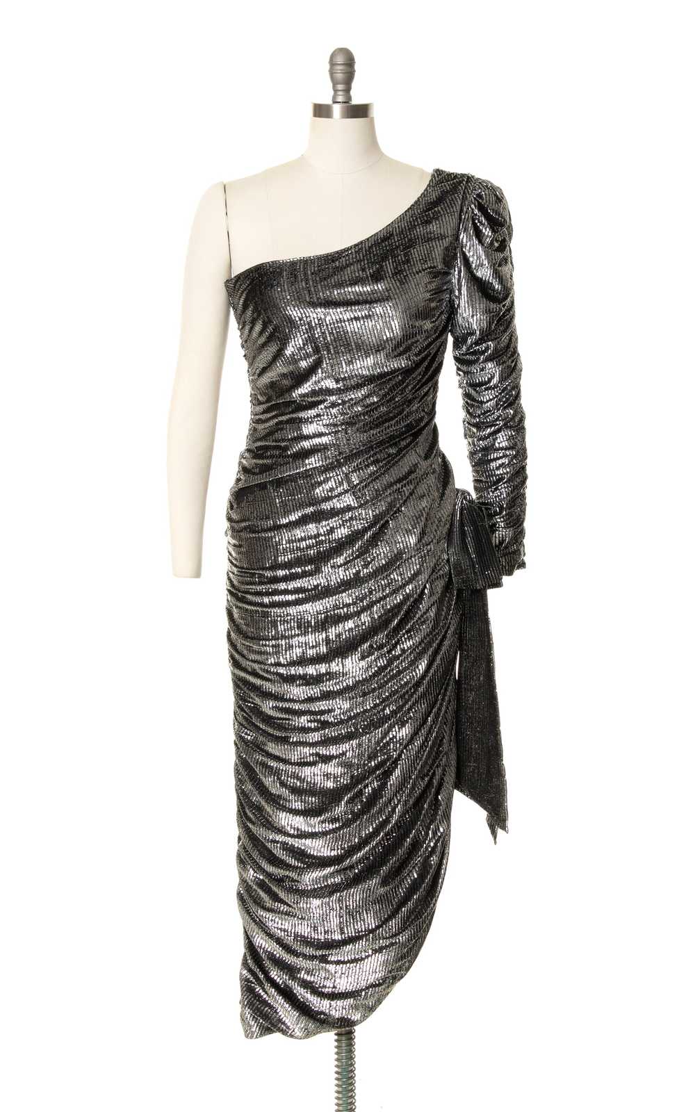 1970s 1980s NEW LEAF Metallic Ruched Gown | small… - image 4