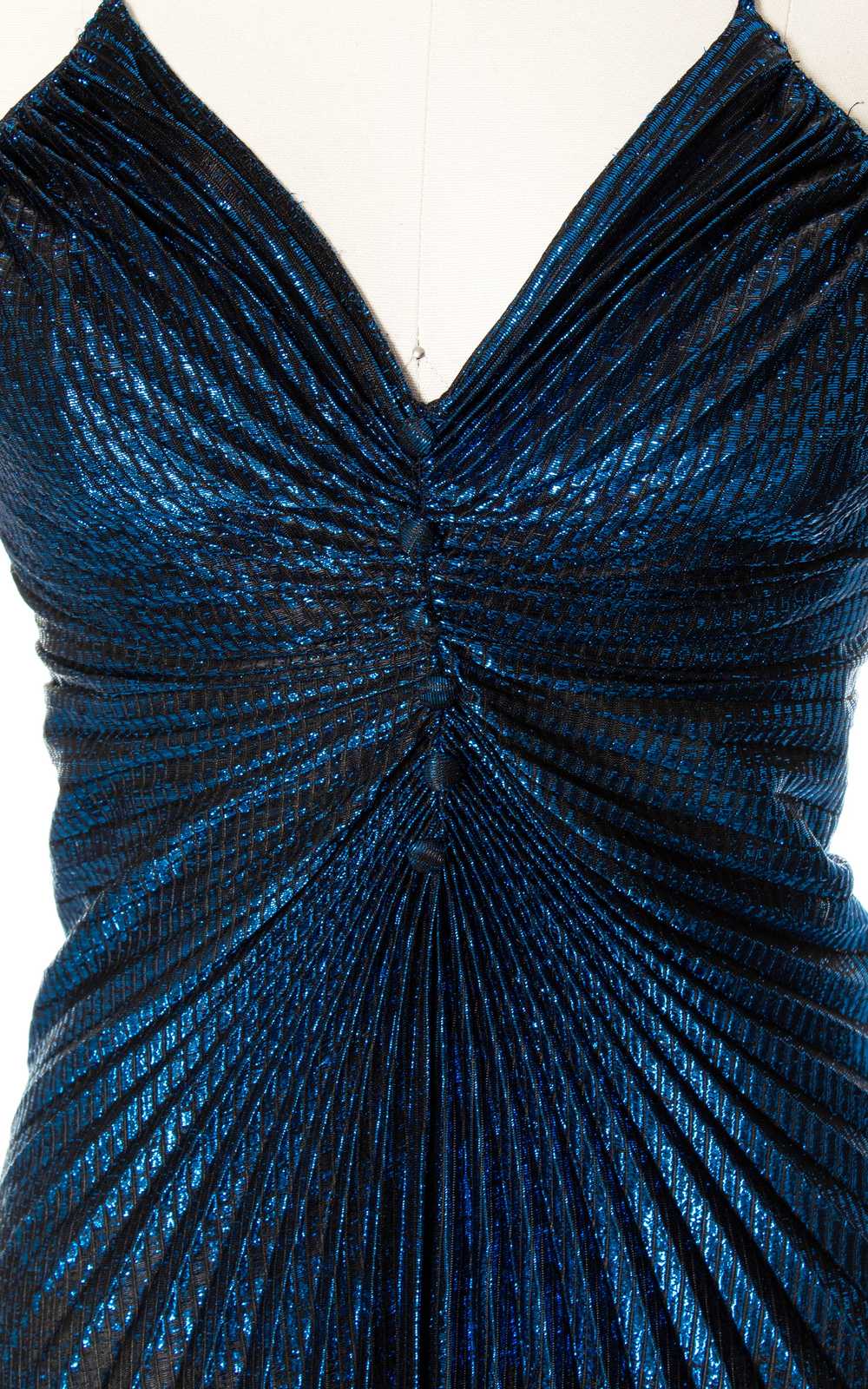 1980s Travilla Style Metallic Blue Pleated Dress … - image 2