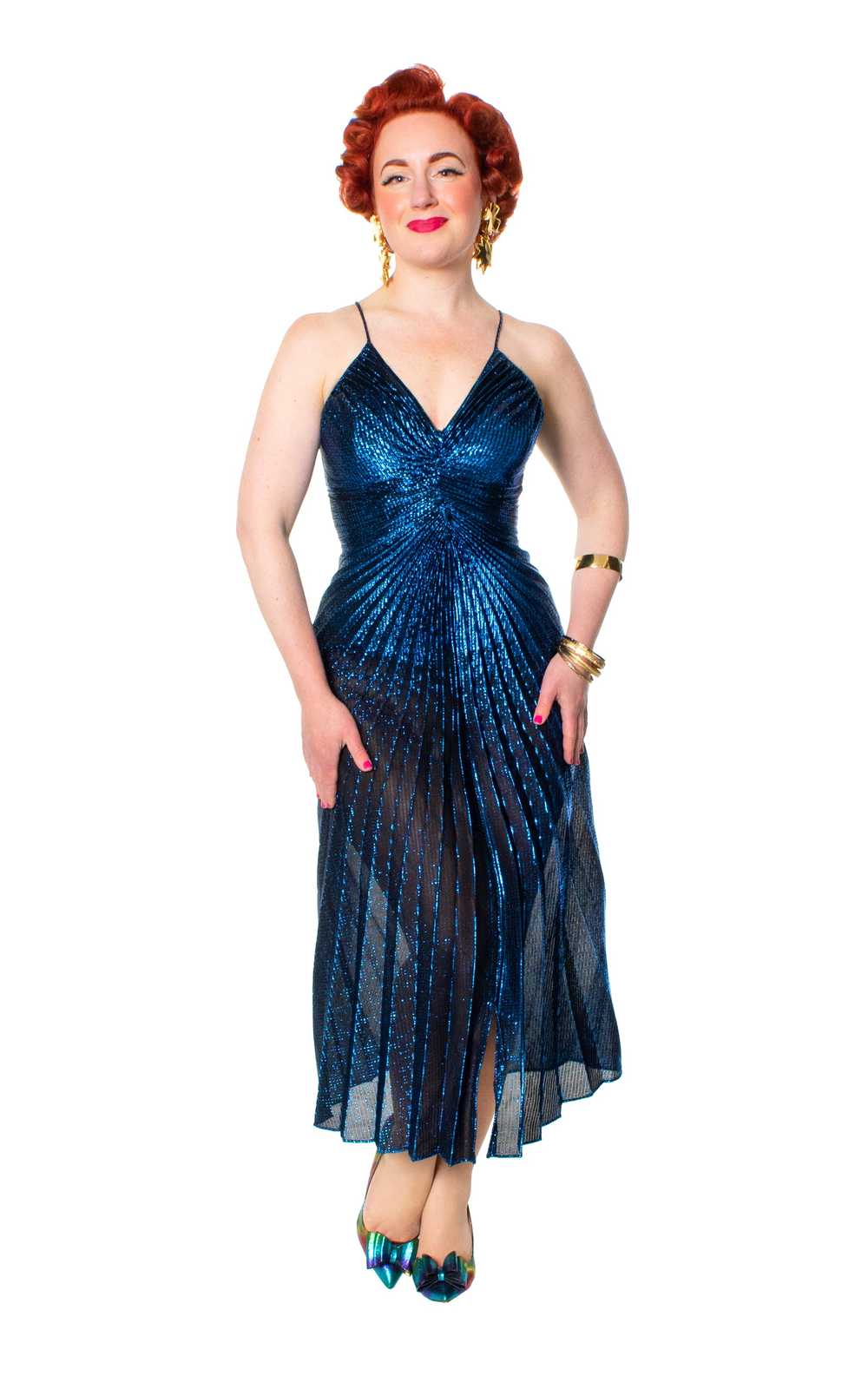 1980s Travilla Style Metallic Blue Pleated Dress … - image 3