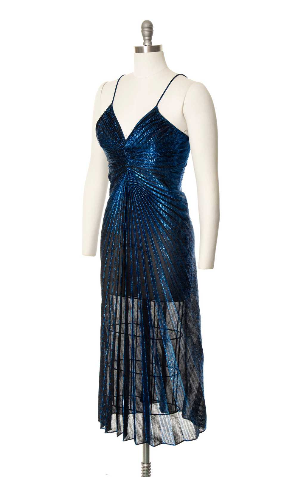1980s Travilla Style Metallic Blue Pleated Dress … - image 4