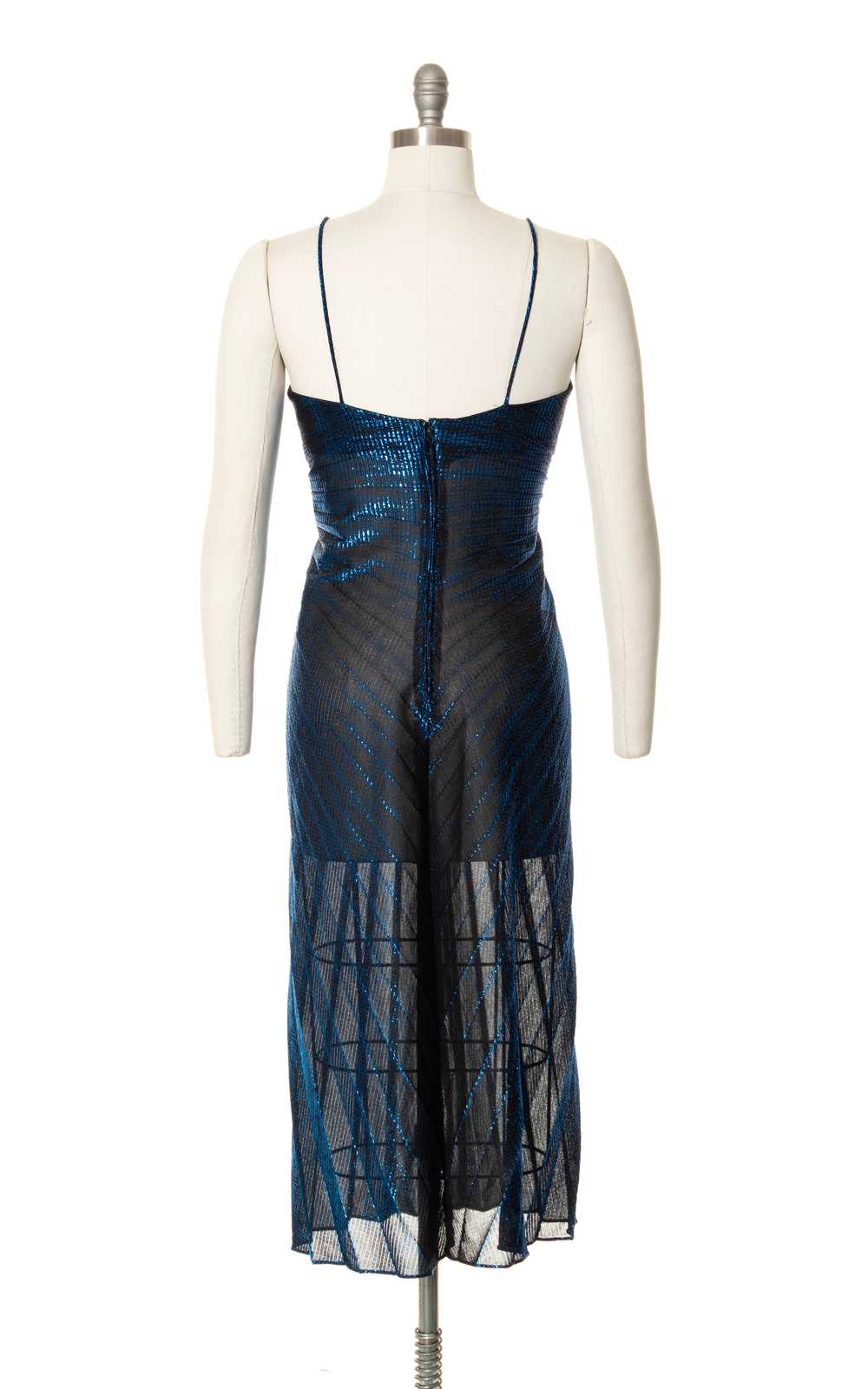 1980s Travilla Style Metallic Blue Pleated Dress … - image 5
