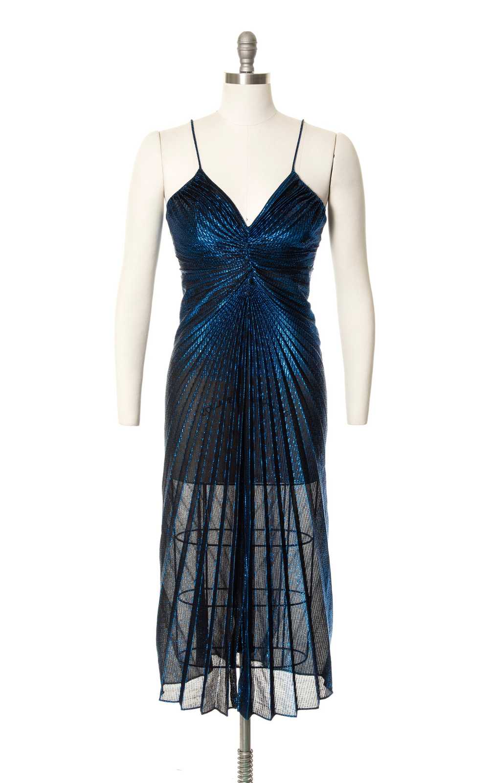 1980s Travilla Style Metallic Blue Pleated Dress … - image 7