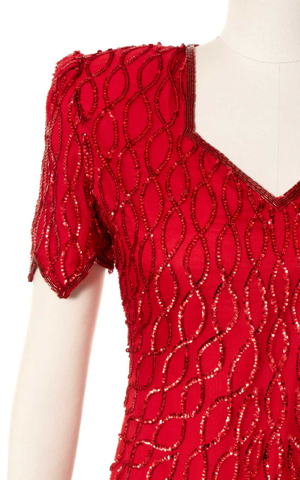 1980s Red Silk Sequin Beaded Party Dress | small - image 2