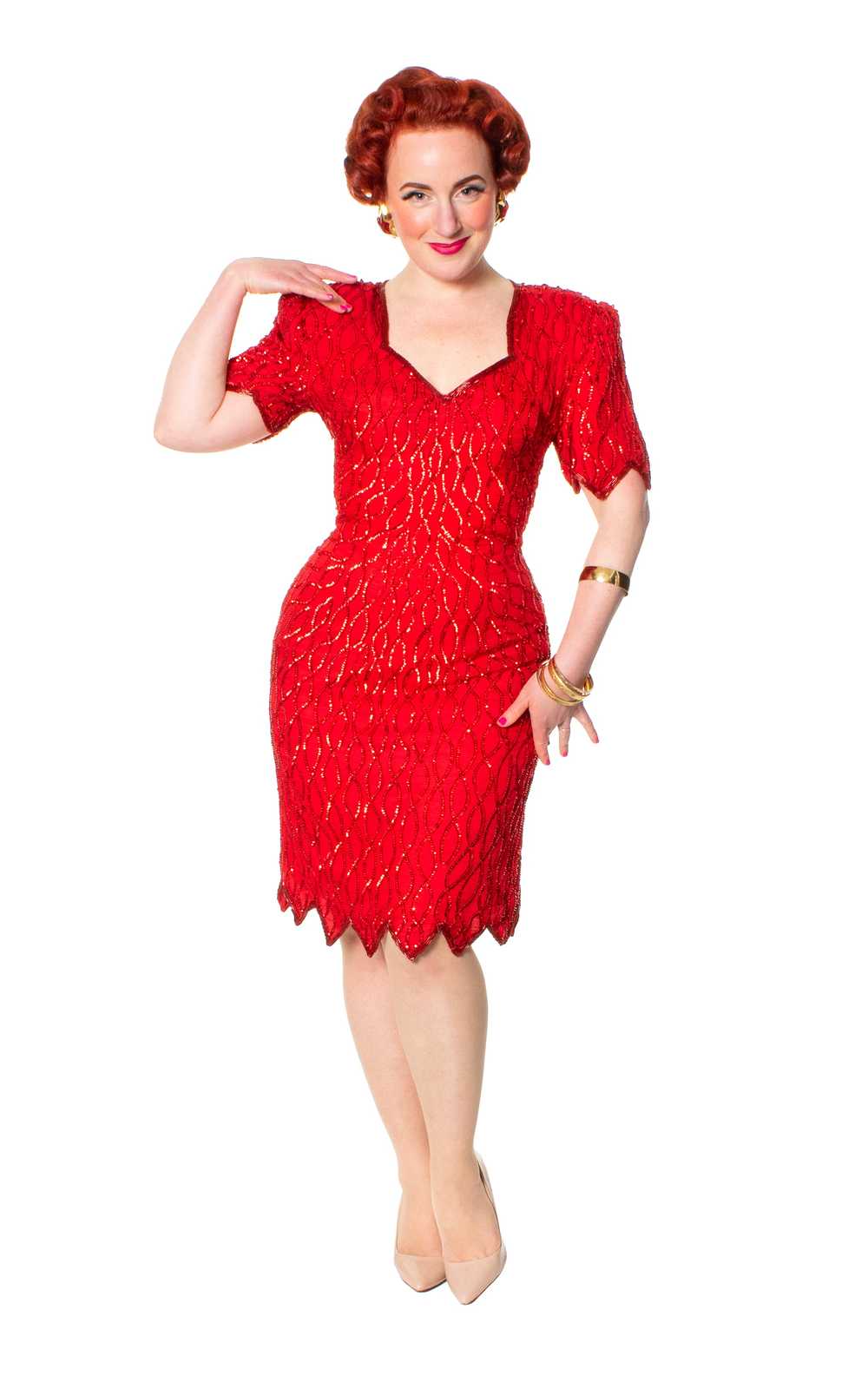 1980s Red Silk Sequin Beaded Party Dress | small - image 3