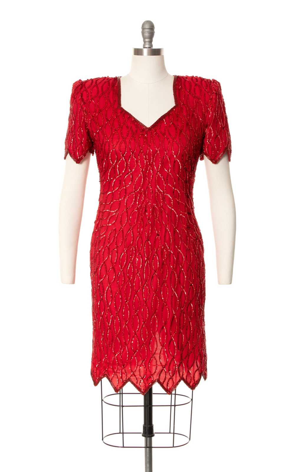 1980s Red Silk Sequin Beaded Party Dress | small - image 4