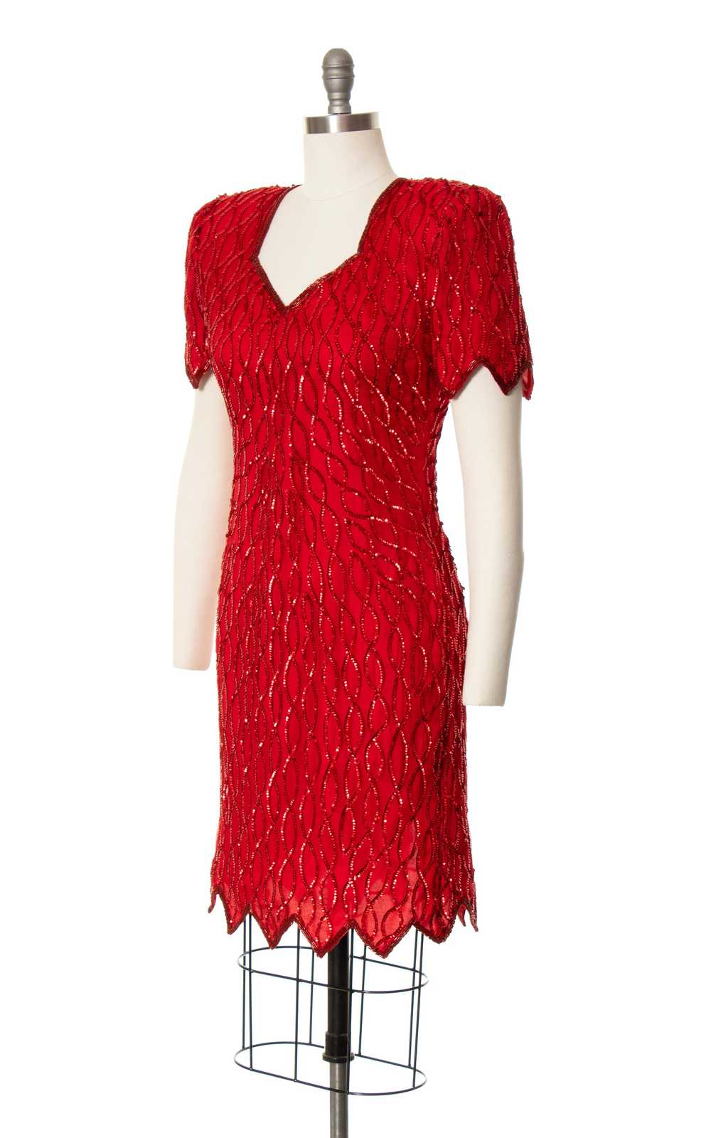 1980s Red Silk Sequin Beaded Party Dress | small - image 5
