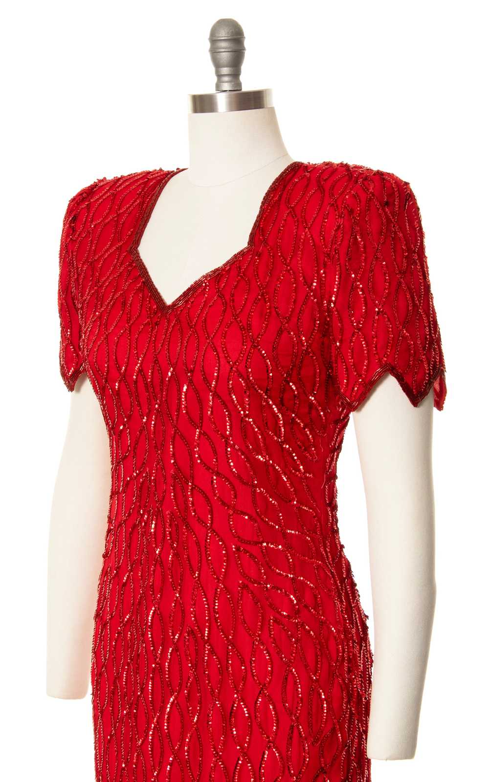 1980s Red Silk Sequin Beaded Party Dress | small - image 7