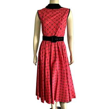 1950's Red Taffeta & Black Velvet Dress With Crin… - image 1