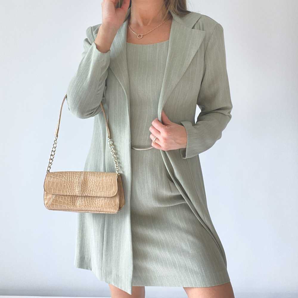 90s Pinstripe Mini Dress in Sage Grey (Size 6) - image 3