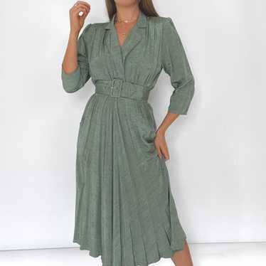 70s Sage Green A-Line Belted Dress (S/6) - image 1