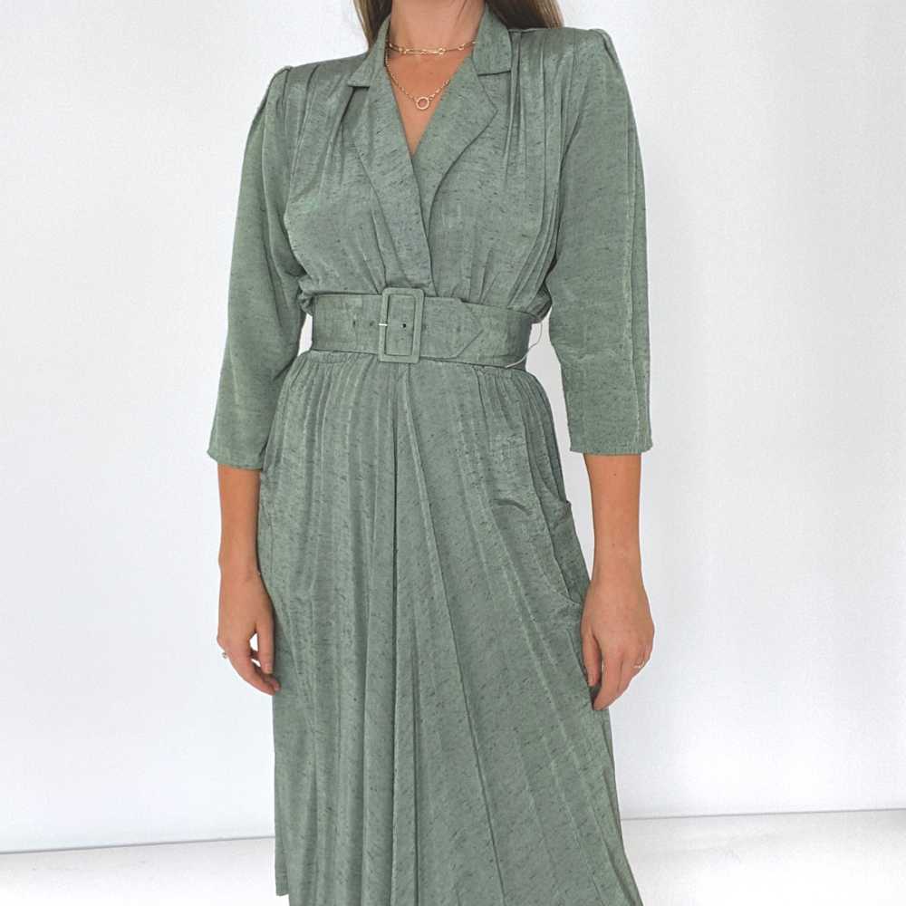 70s Sage Green A-Line Belted Dress (S/6) - image 4