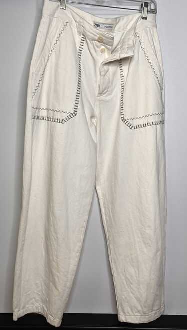 ZARA Embroidered Linen High Waist Straight Pants Trousers S-L NWT