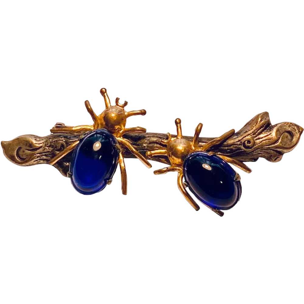 Art Deco Pin with Gold Filled Blue Cabochon Bugs … - image 1