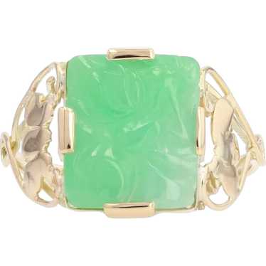 1930s Art Deco Engraved Jade Yellow Gold Ring - image 1