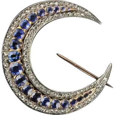 French Antique Crescent Moon Sapphire Diamond Bro… - image 1