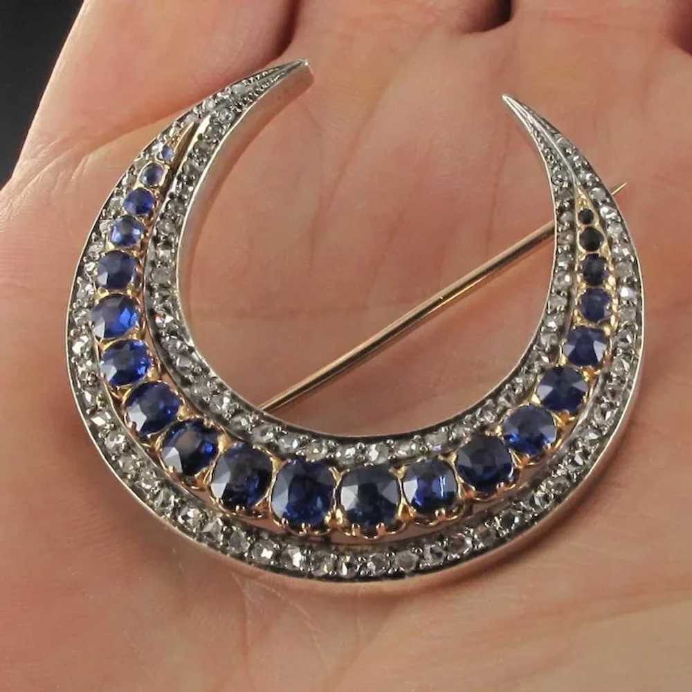 French Antique Crescent Moon Sapphire Diamond Bro… - image 2