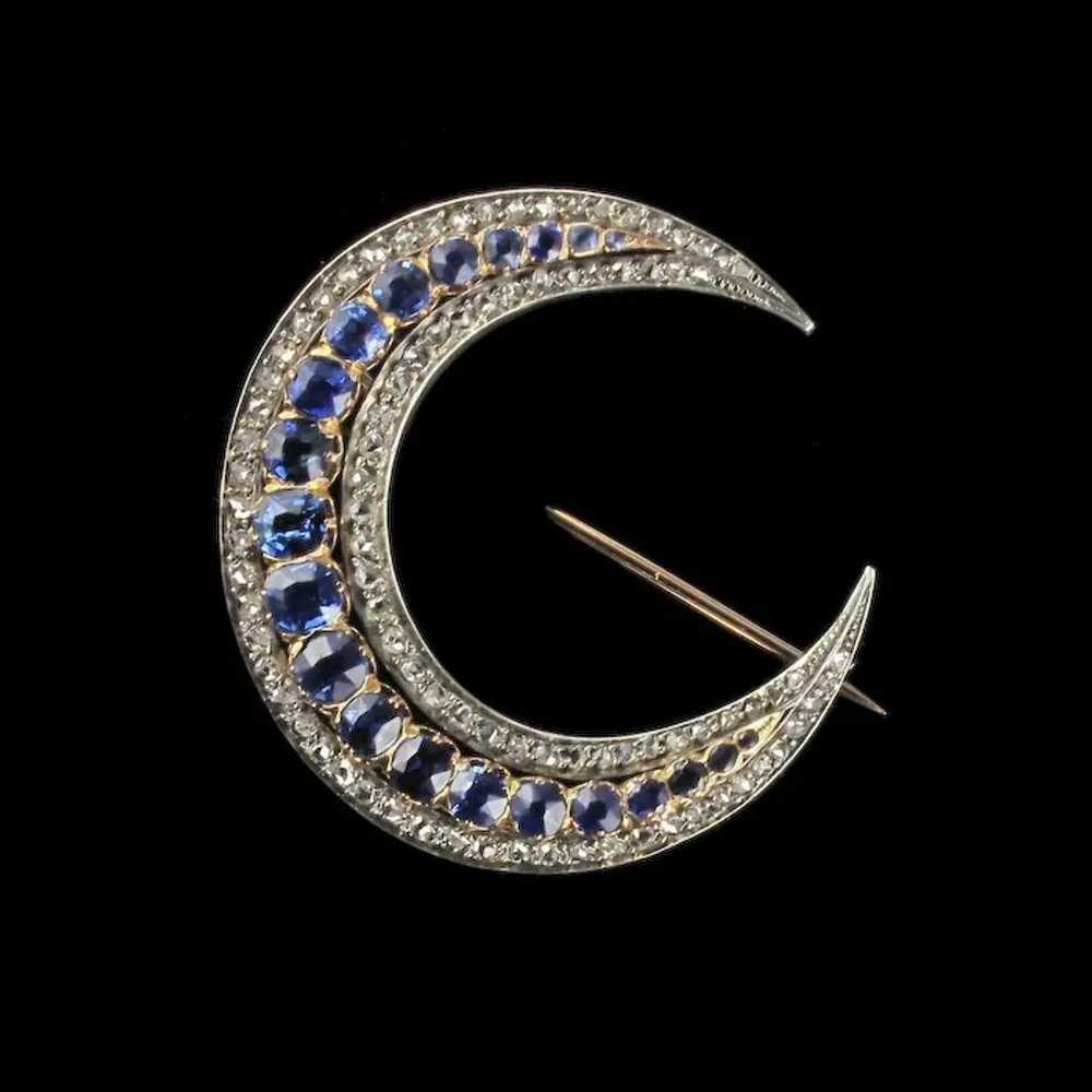 French Antique Crescent Moon Sapphire Diamond Bro… - image 3