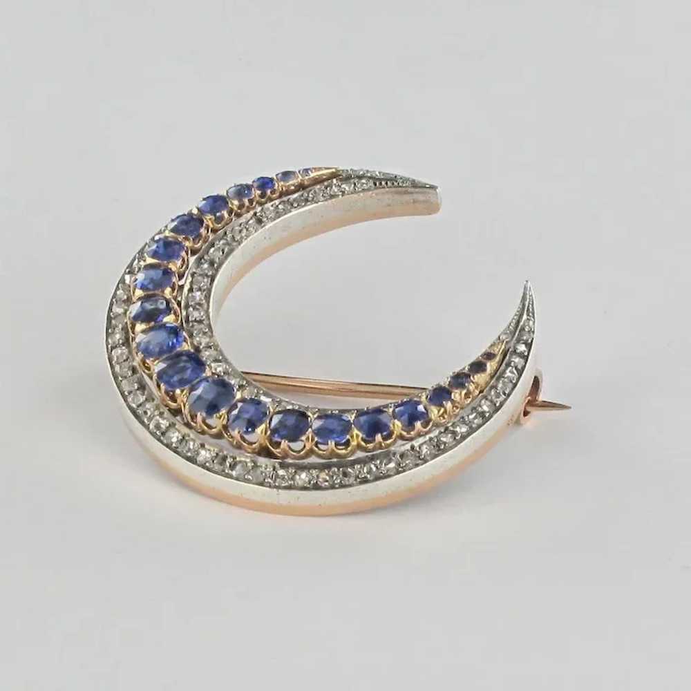 French Antique Crescent Moon Sapphire Diamond Bro… - image 5