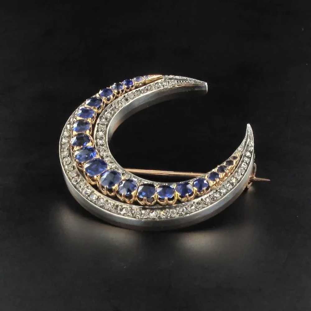 French Antique Crescent Moon Sapphire Diamond Bro… - image 9