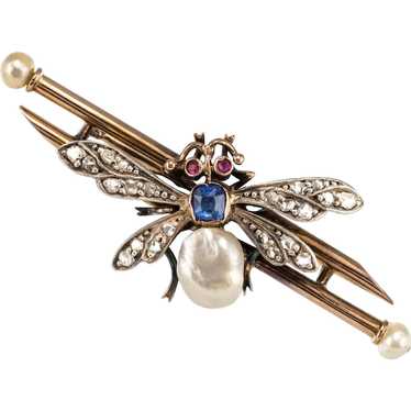 19th Century French Natural Pearl Sapphire Diamon… - image 1