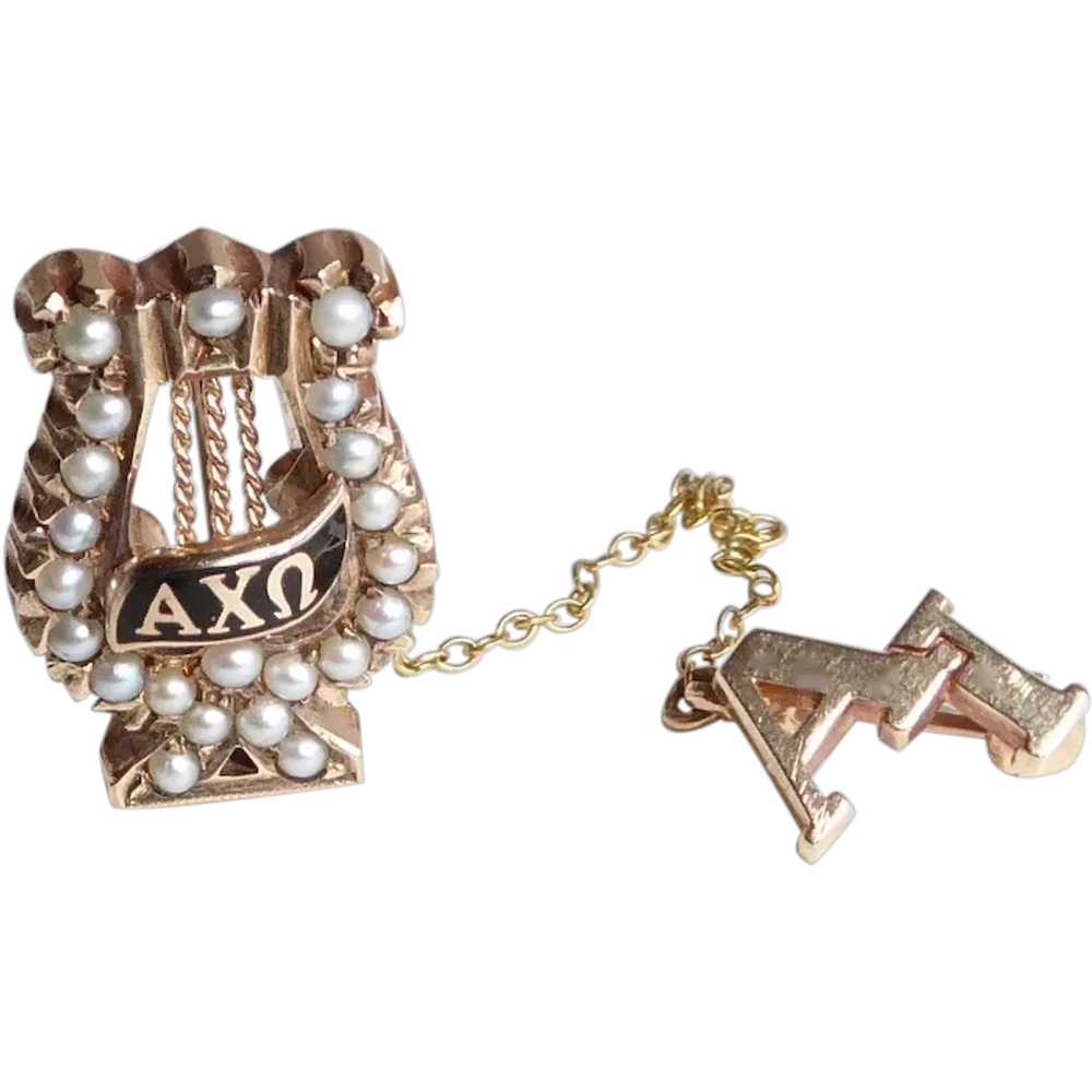 10k Alpha Chi Omega Fraternal Pin w Seed Pearls - image 1