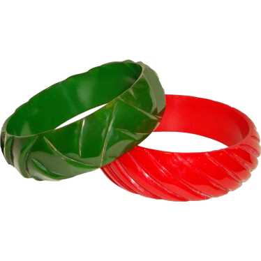 Two Carved Bakelite Bangles Green and Red