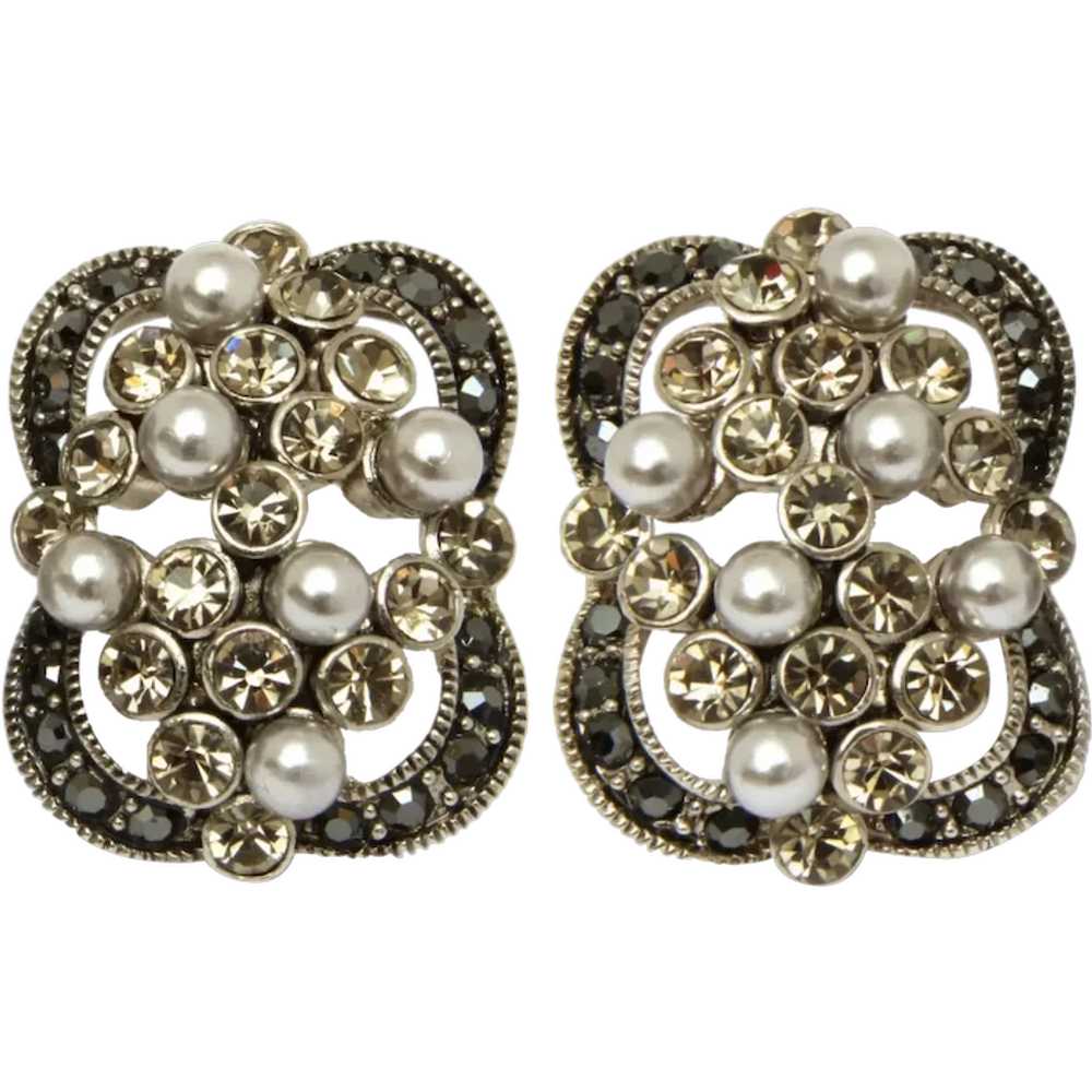 Carolee Clip On Earrings Silver Tone with Gray Pe… - image 1