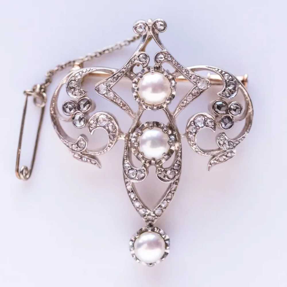 Antique Diamond and Cultured Pearl Brooch 18 Kara… - image 11