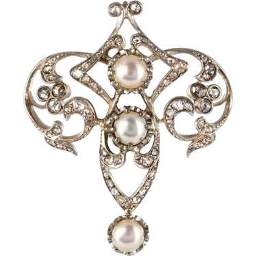 Antique Diamond and Cultured Pearl Brooch 18 Kara… - image 1