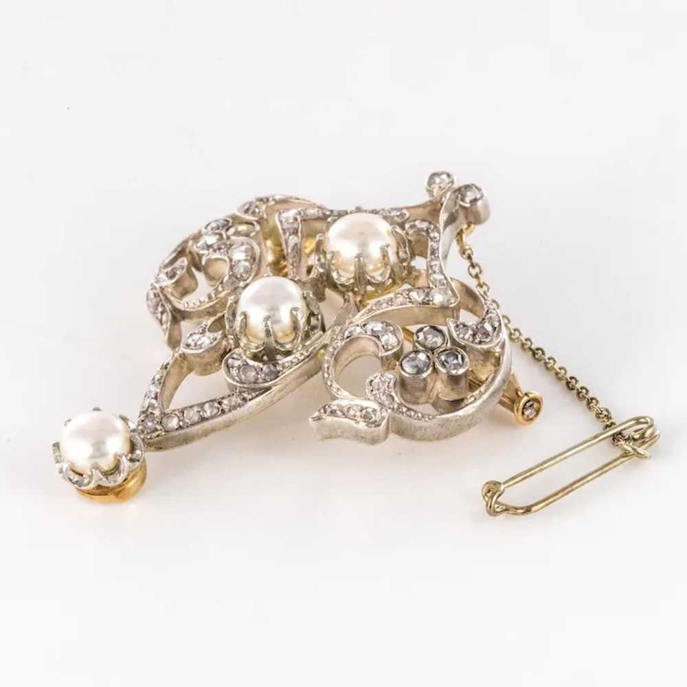 Antique Diamond and Cultured Pearl Brooch 18 Kara… - image 3