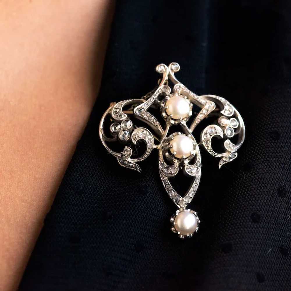 Antique Diamond and Cultured Pearl Brooch 18 Kara… - image 4