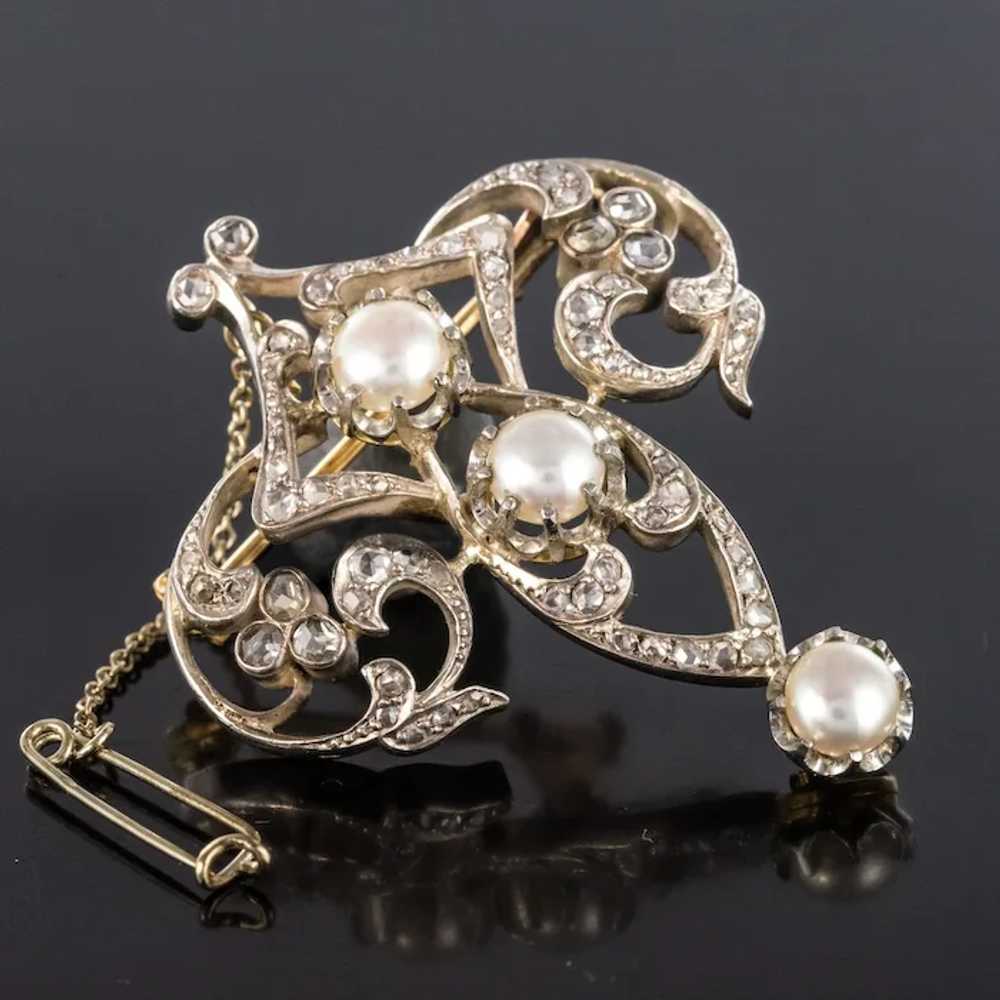 Antique Diamond and Cultured Pearl Brooch 18 Kara… - image 5