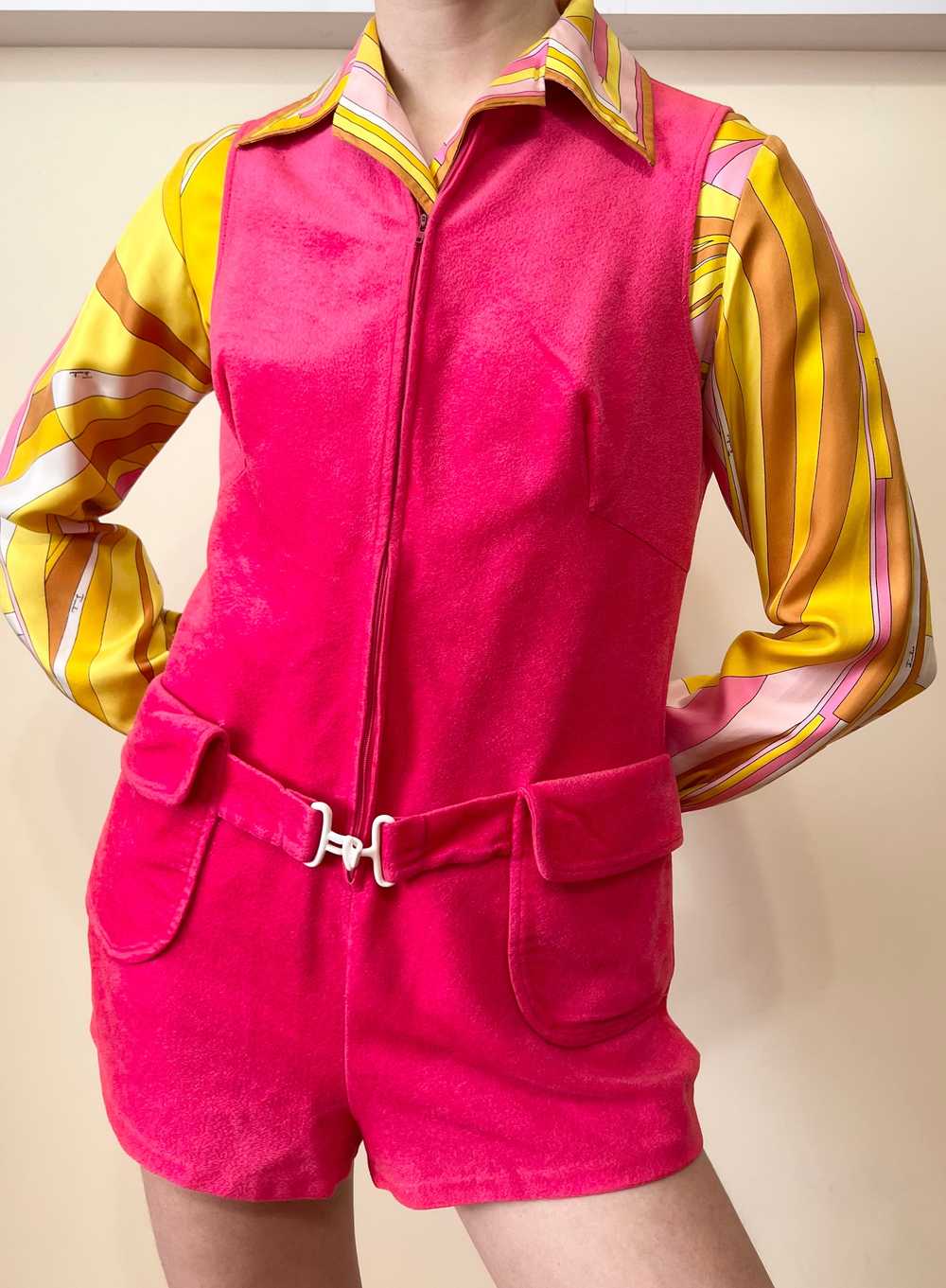 60’s Hot Pink Velveteen Zip Up Mod Romper - image 5
