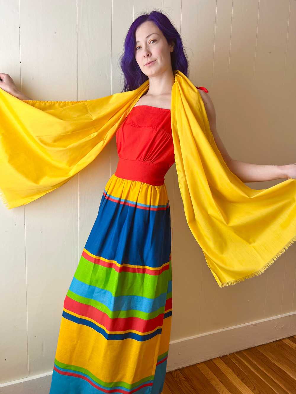 70’s Rainbow Primary Color Strappy Maxi with Scarf - image 3