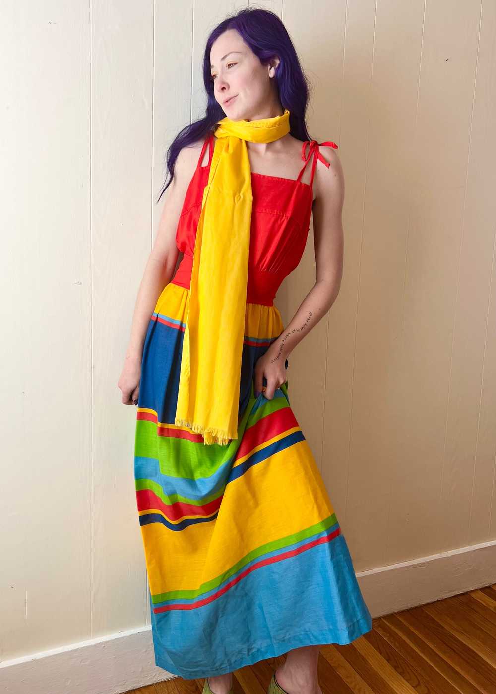 70’s Rainbow Primary Color Strappy Maxi with Scarf - image 4