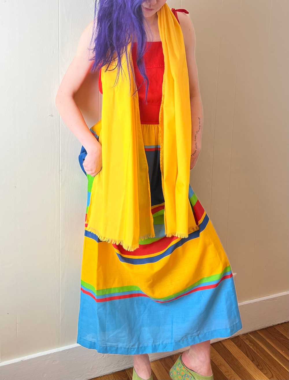 70’s Rainbow Primary Color Strappy Maxi with Scarf - image 5