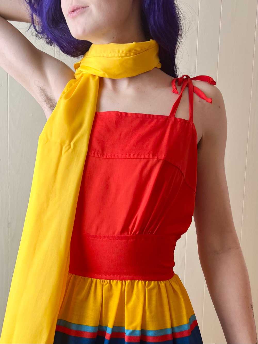 70’s Rainbow Primary Color Strappy Maxi with Scarf - image 6