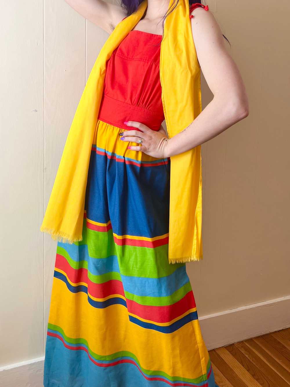 70’s Rainbow Primary Color Strappy Maxi with Scarf - image 7