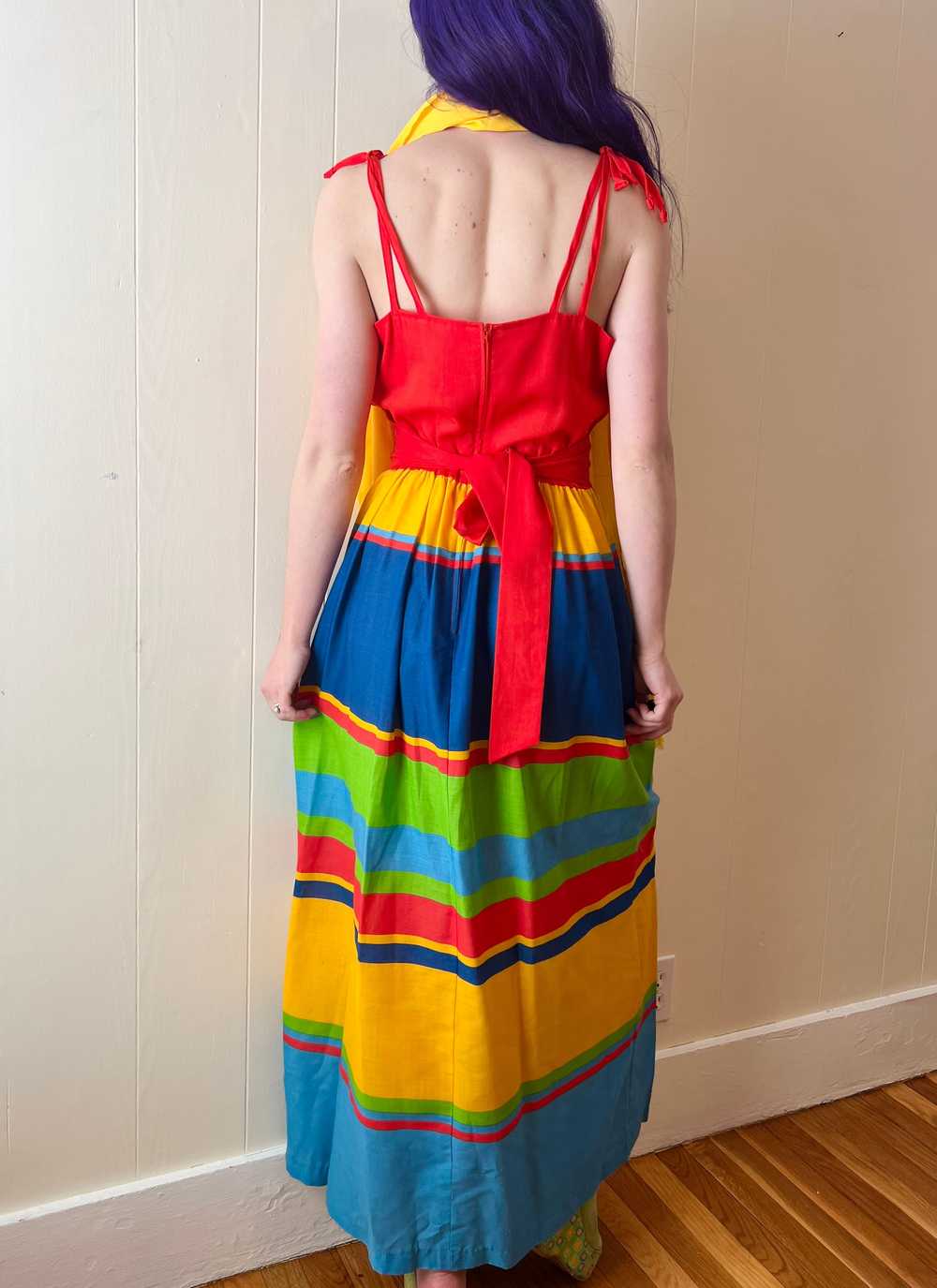 70’s Rainbow Primary Color Strappy Maxi with Scarf - image 8