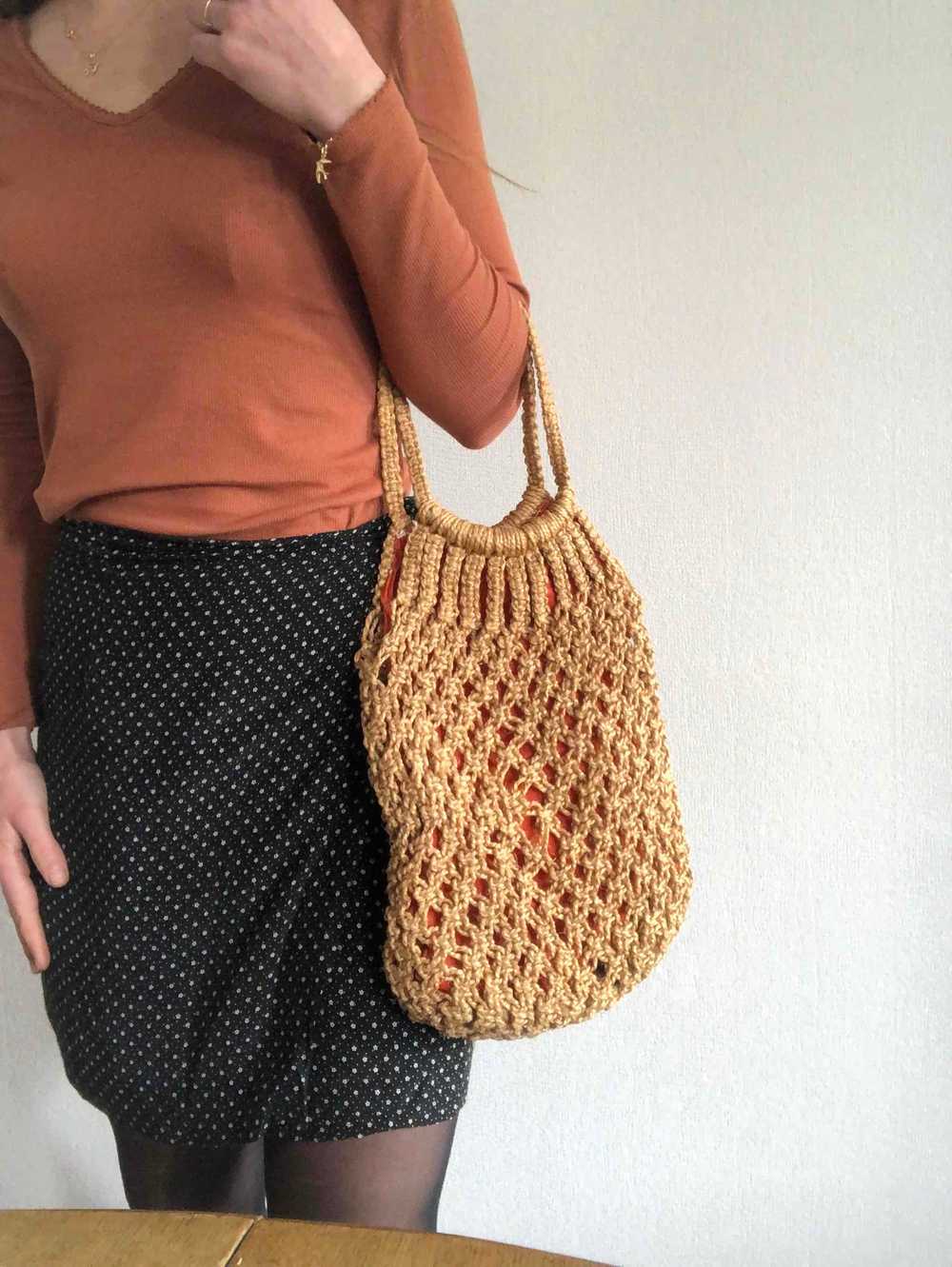 macrame bag - 70s handbag in jute macramé lined i… - image 8